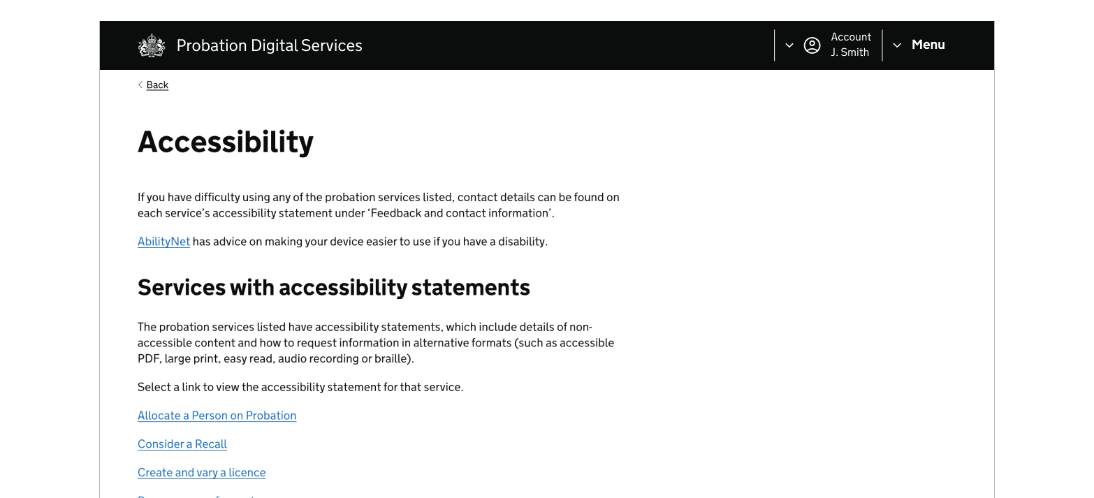 An MoJ webpage showing the probation accessibility statements page