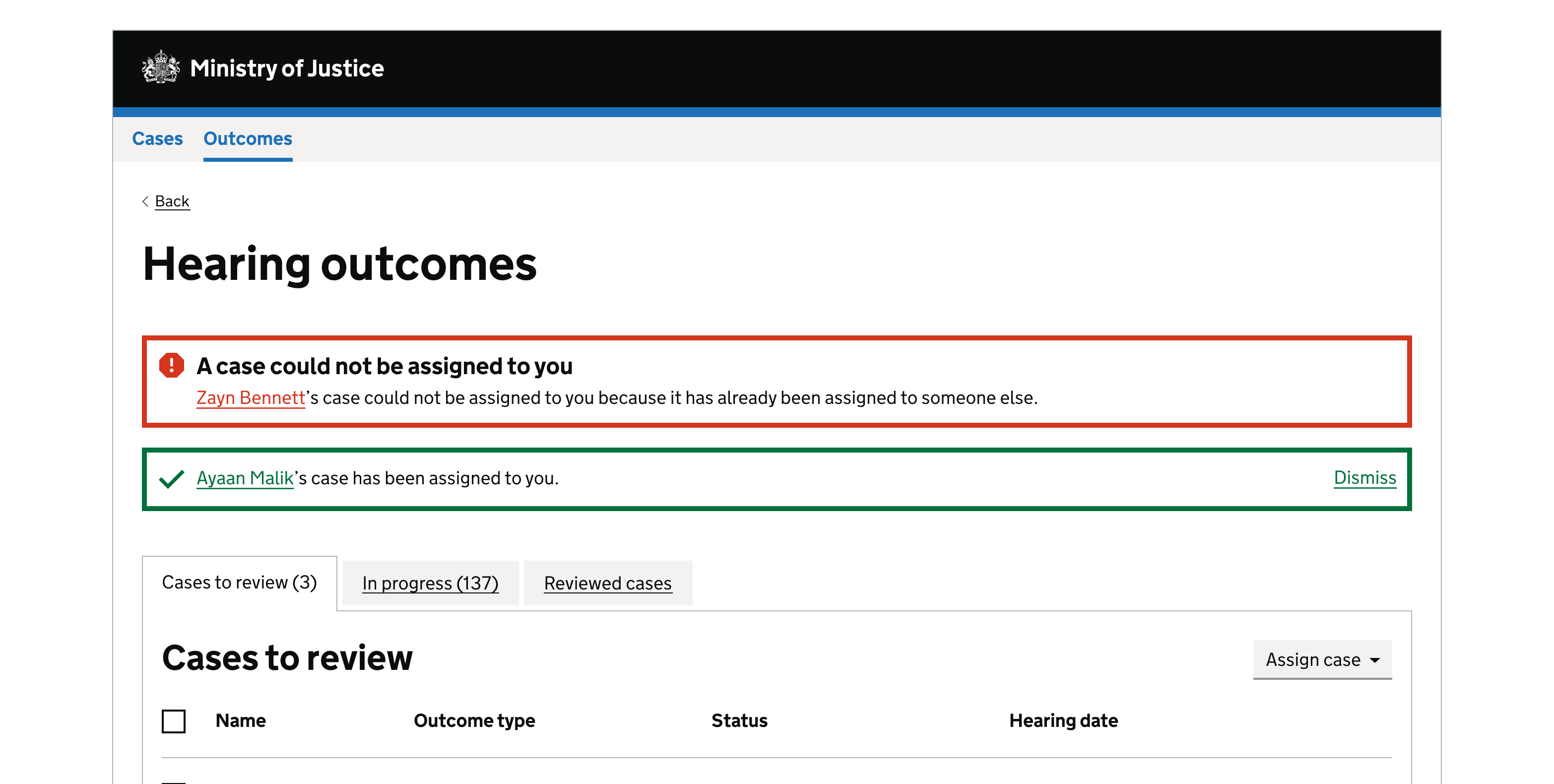 An MoJ webpage showing a success alert positioned below the heading level 1.