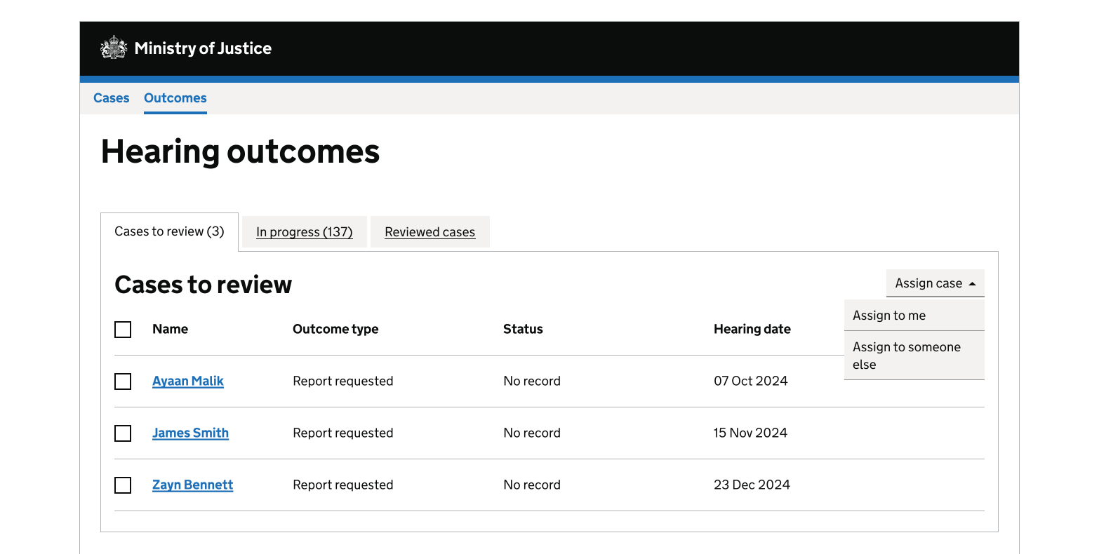 An example of a button menu and GOV.UK default button on a Ministry of Justice webpage. The grey button menu is to the right of the green button. This is next to the H2 title 'Case management'. Both are below the H1 title 'Case management'. The title of the green button is 'Record review' and the button menu is 'Print options', which contains: Print case, Print review, Print investigation and Print referral.