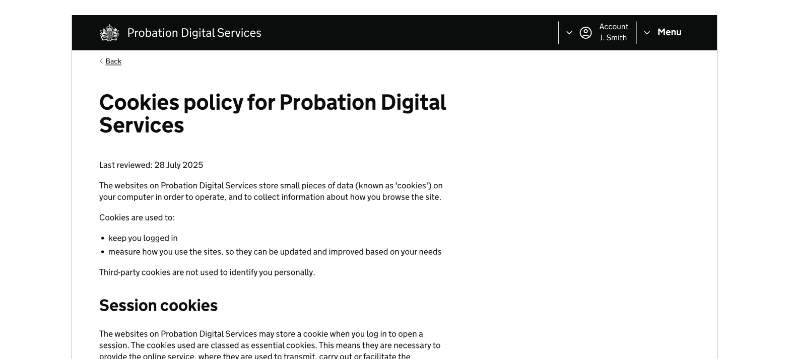 An MoJ webpage showing the probation cookies policy page
