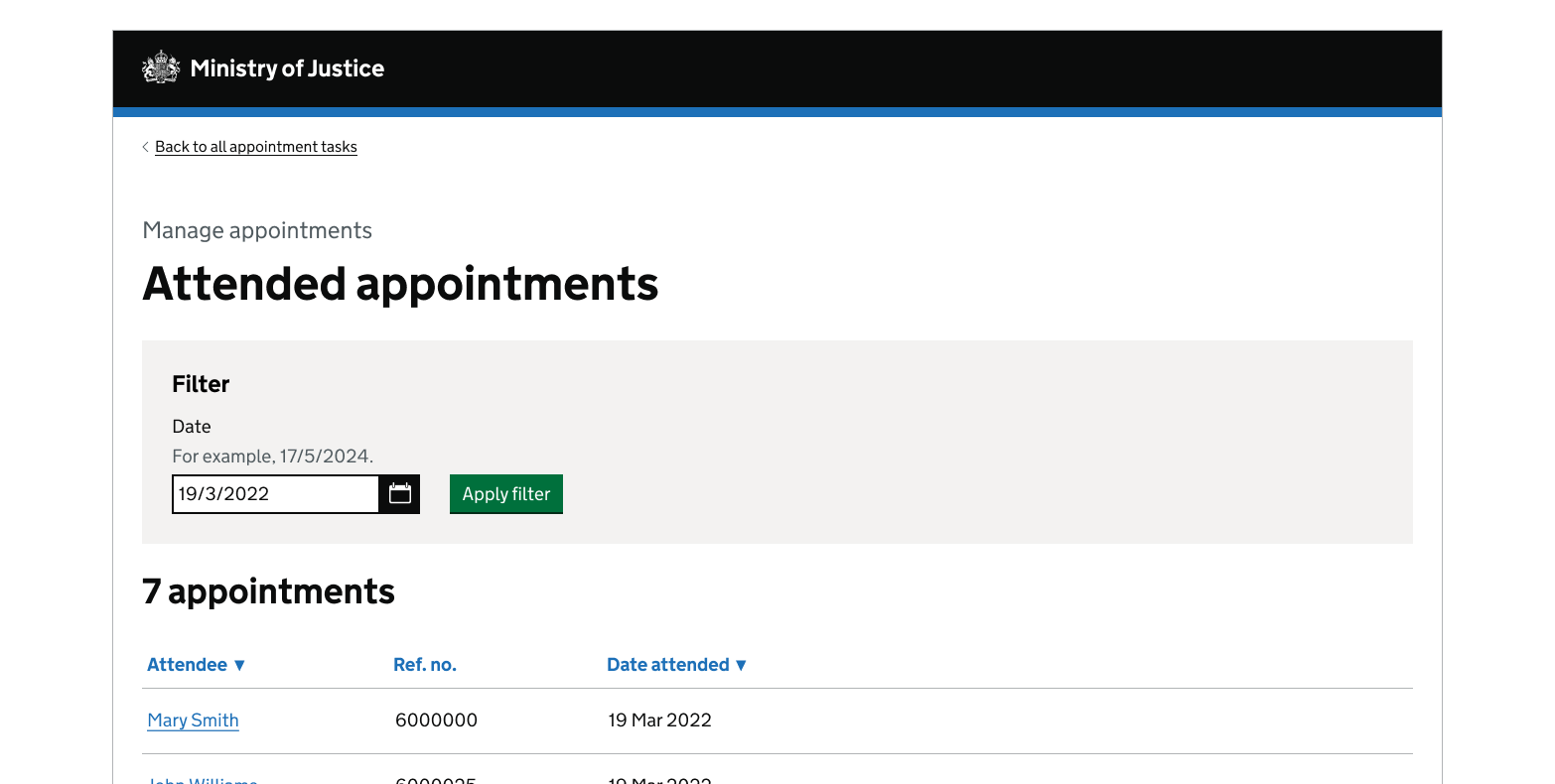 A screenshot with the title 'Attended appointments'. In a grey box is the title Filter, underneath is the title Date and then a text input field. The calendar icon and a green 'Apply filter' button is on the right. Below this element is the text '7 appointments'. Details of these appointments are shown.