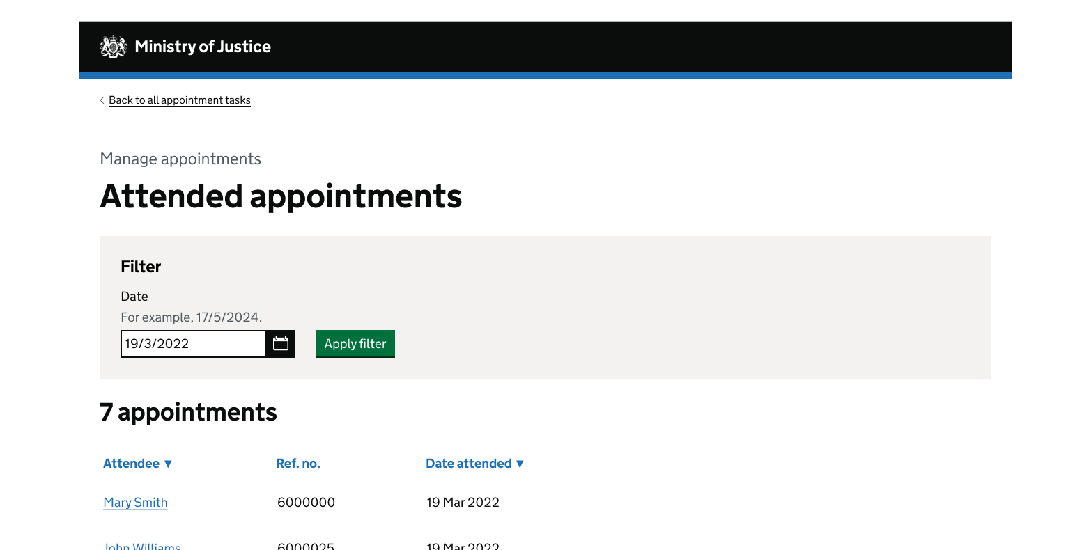 A screenshot with the title 'Attended appointments'. In a grey box is the title Filter, underneath is the title Date and then a text input field. The calendar icon and a green 'Apply filter' button is on the right. Below this element is the text '7 appointments'. Details of these appointments are shown.