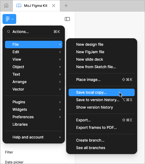 A cropped view of the side navigation in the Figma app. The Figma logo has been selected and a menu has opened. The 'file' submenu has been opened and 'Save local copy...' is being hovered over.