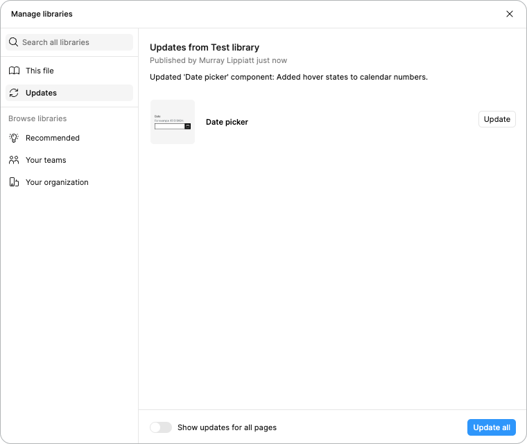 A 'Manage libraries' window with a side navigation menu showing a 'Updates' tab selected. The content in the main pane shows the heading 'Updates from Test library', a line of text 'Published by Murray Lippiatt 4 minutes ago', and another line of text 'Updated 'Date picker' component: added hover states to calendar numbers.' Underneath this is an image of the date picker component with 'Date picker' and a button labelled 'Update' next to it. At the bottom of the window are a toggle switch labelled 'Show updates for all pages', and a button labelled 'Update all'.