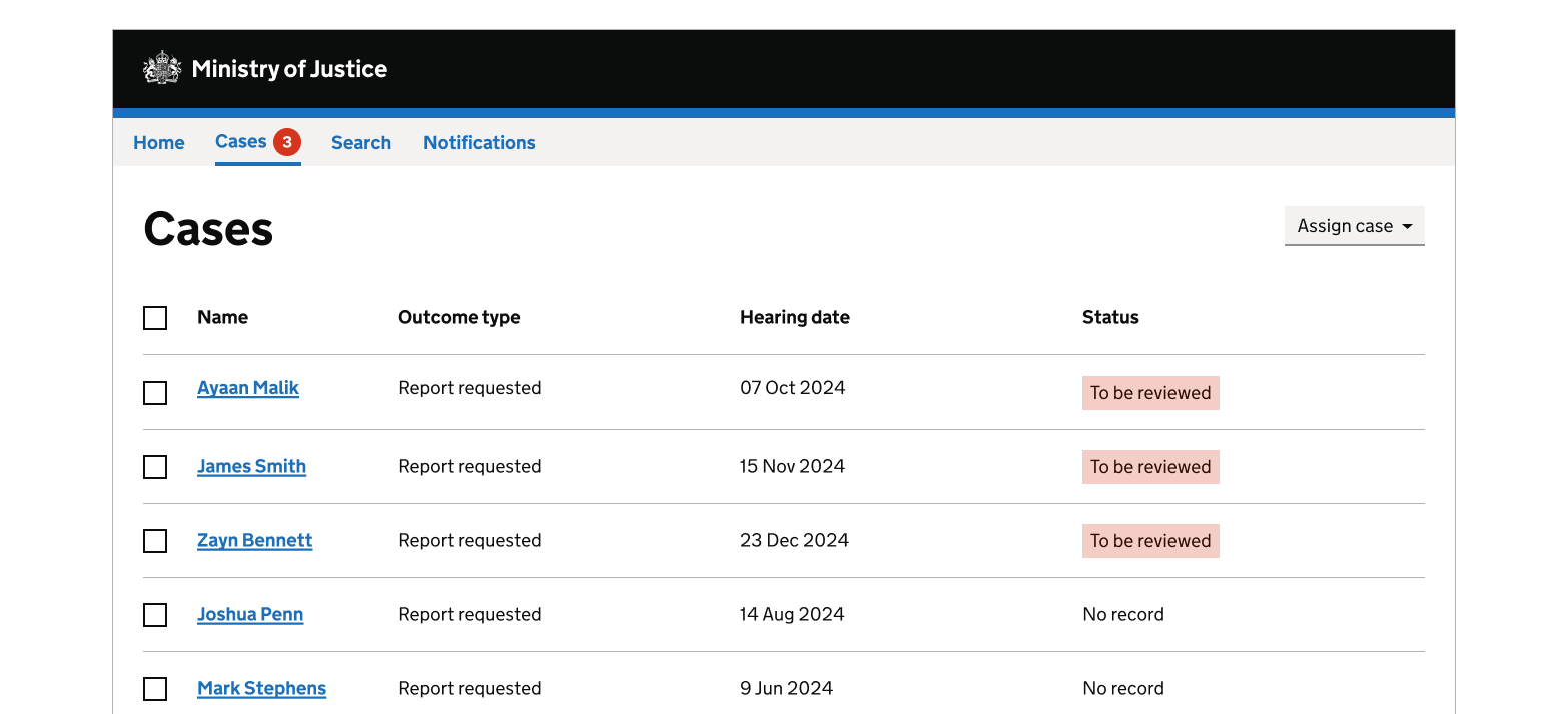 A red notification badge sits next to the active 'Cases' link in the primary navigation. A white number 3 sits inside the round badge. The page shows a table of cases. The first 3 rows have a status of 'To be reviewed'.