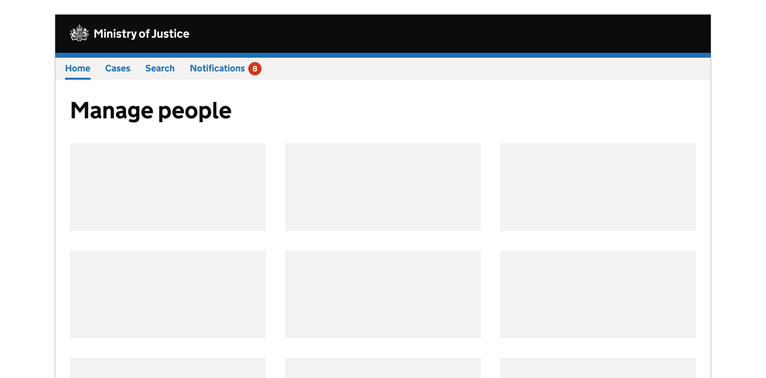 A red notification badge sits next to the ‘Notifications’ link in the primary navigation. A white number 8 sits inside the round badge. (The ‘Home’ link is active and shows a heading with empty card components.)