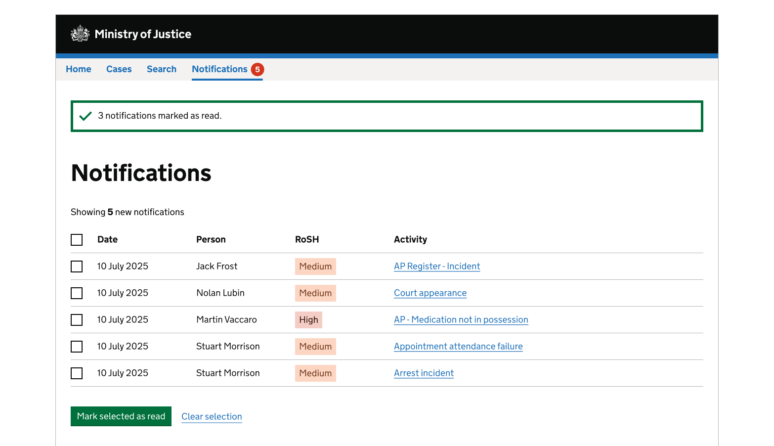 The 'Notifications' page has changed: A success message confirms that 3 notifications have been marked as read. The notification badge number is updated to 5 and the table shows 5 remaining notifications.