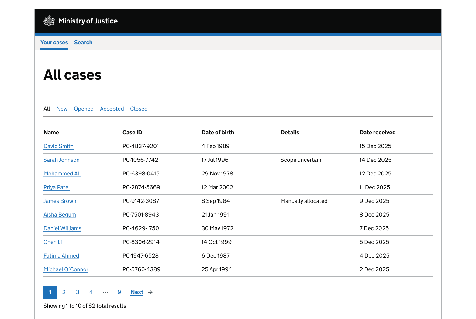 An 'All cases' screen in a case management system. A table with names, case IDs and other information has pagination controls underneath it. Underneath the pagination controls is 'Showing 1 to 10 of 82 total results'