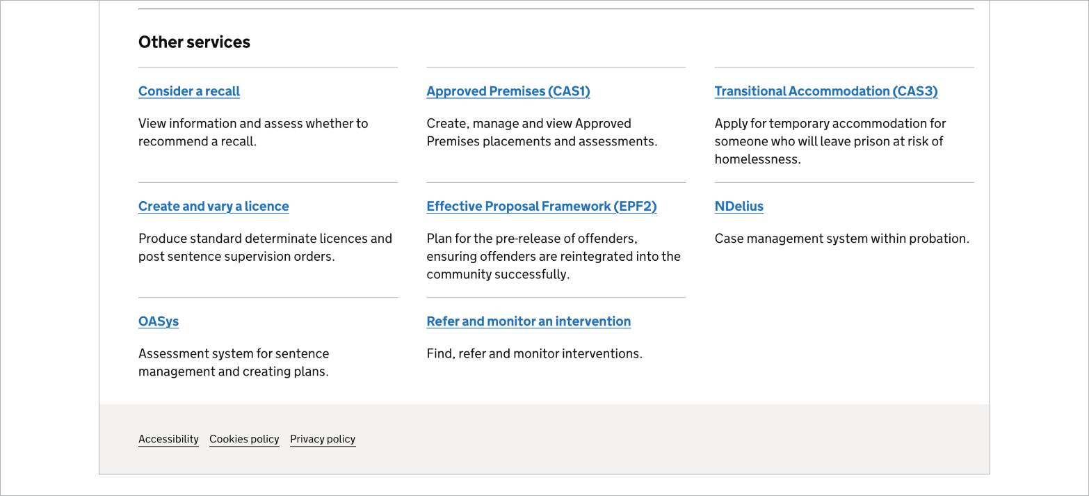 An MoJ webpage showing the PDS footer in Manage People on Probation