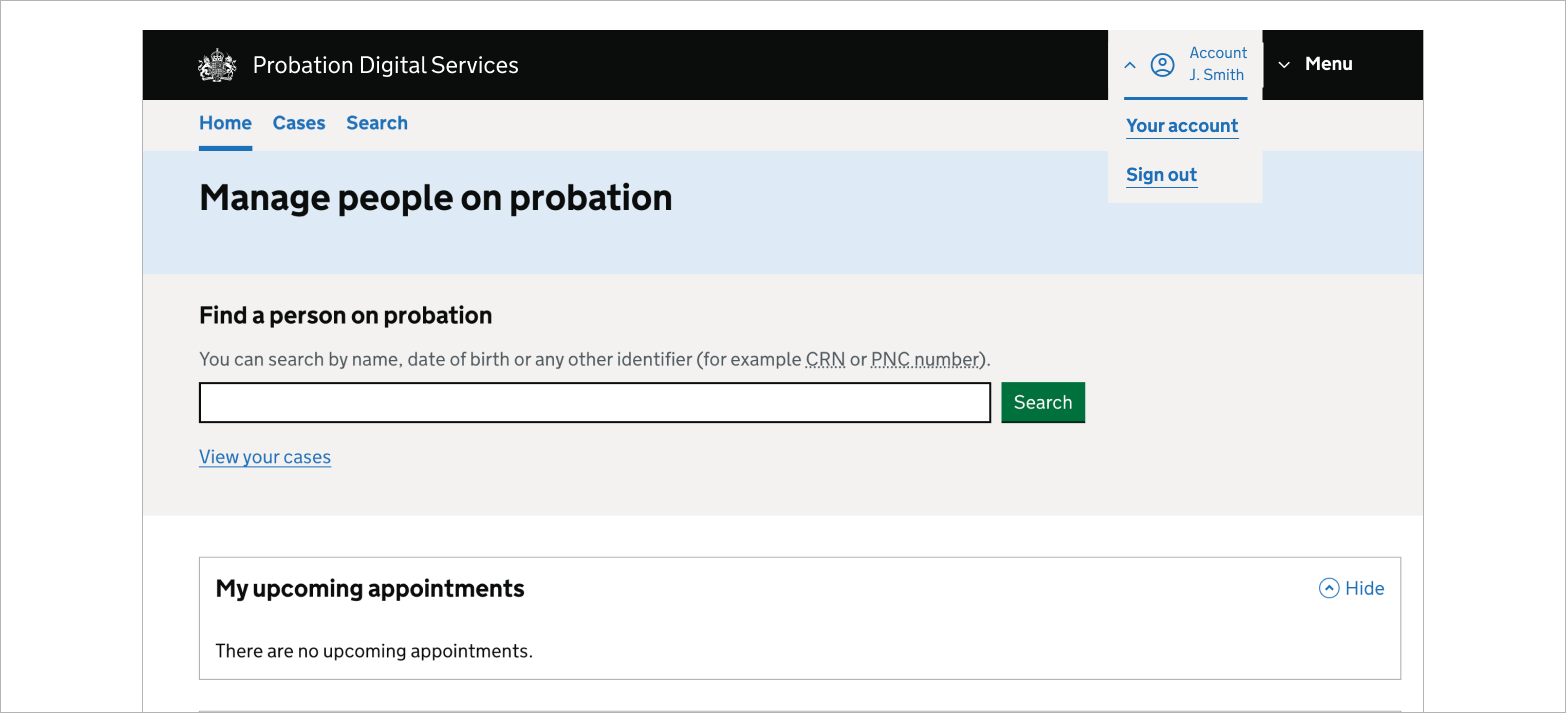 An MoJ webpage showing the PDS header in Manage People on Probation with the account menu open