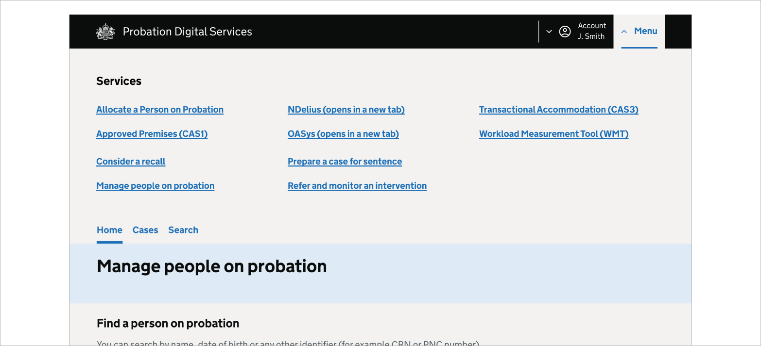 An MoJ webpage showing the PDS header in Manage People on Probation with the global navigation menu open