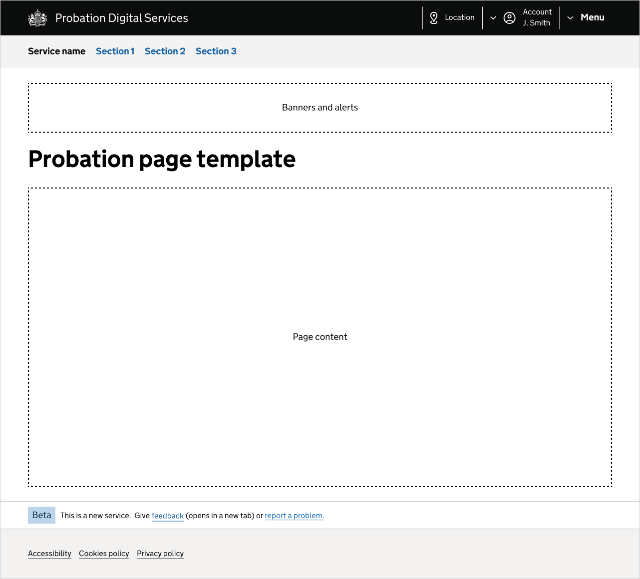 Template showing the header, navigation, phase banner, and footer components.
