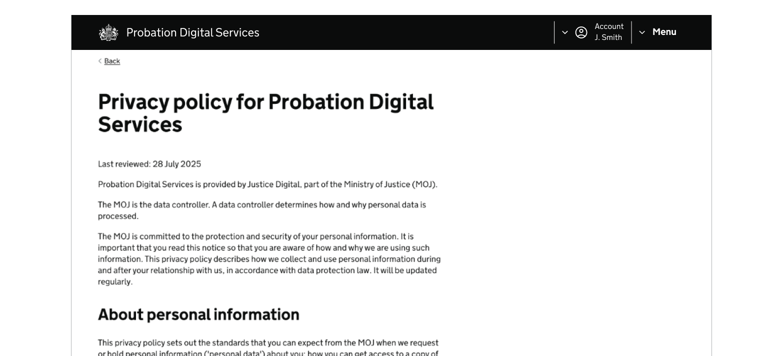 An MoJ webpage showing the probation privacy policy page