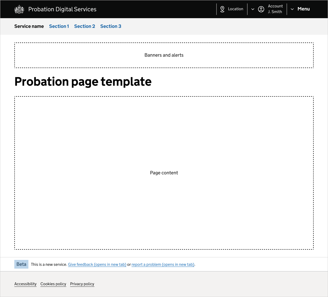 Template showing the header, navigation, phase banner, and footer components.