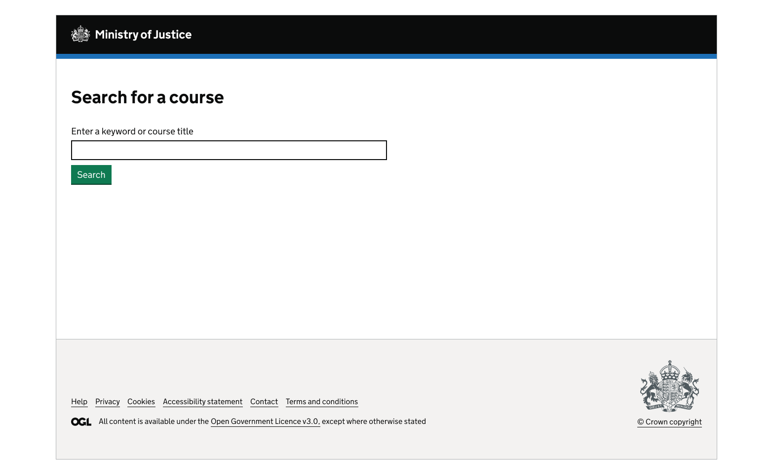 An MOJ webpage with the title “Search for a course”. It shows a keyword or course title search field and a green search button.