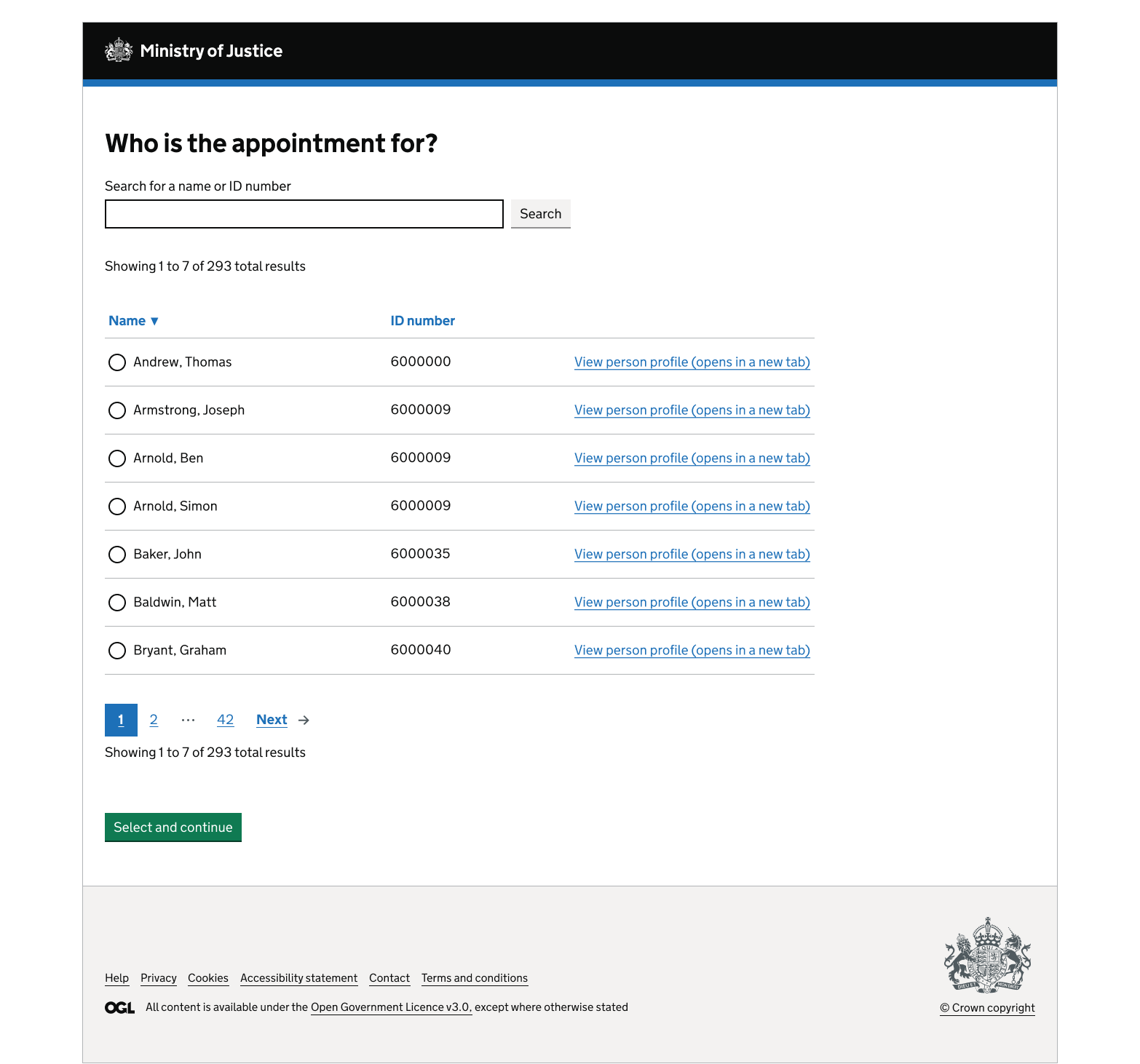 An MOJ webpage titled “Who is the appointment for?” It includes a search field for a name or ID number and a table of search results. Seven of 293 results are displayed, with radio buttons to select a person, columns for name and ID number, and links to view each person’s profile in a new tab. Pagination controls and a “Select and continue” button appear below the results.