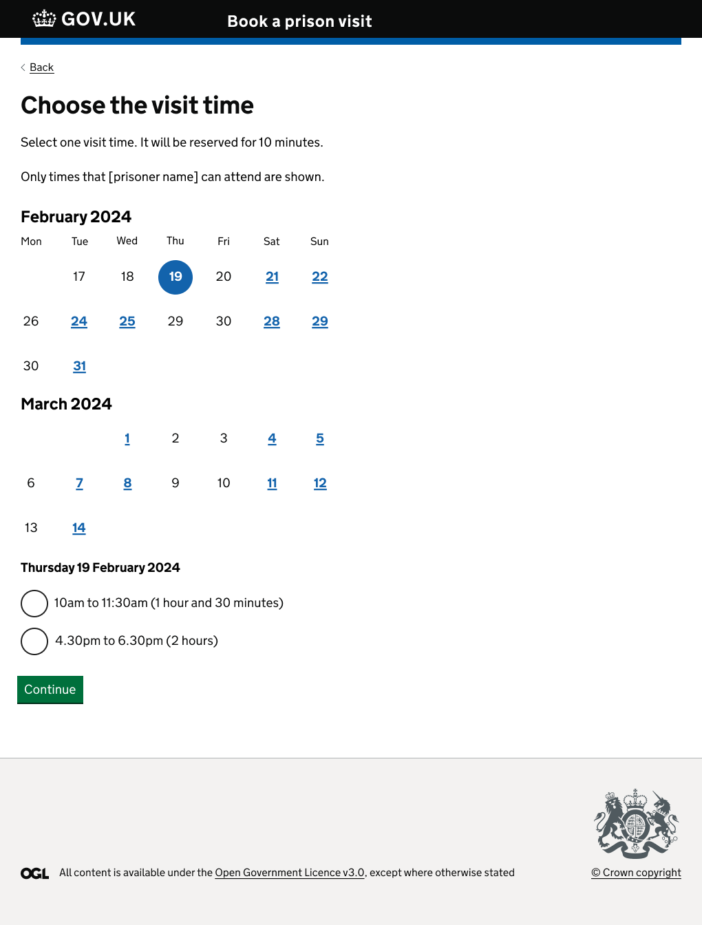 A GOV.UK service page with the title 'Book a prison visit'. Two months of a calendar are shown. Some dates are selectable links, and others are plain text. Thursday 19th February 2024 is selected. Below the calendars is a radio list showing two available timeslots for the selected date, and a continue button below.