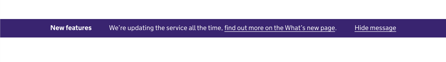 Purple banner with 'New features' in white bold text, a link to 'find out more on the What's new page', and a 'Hide message' link.
