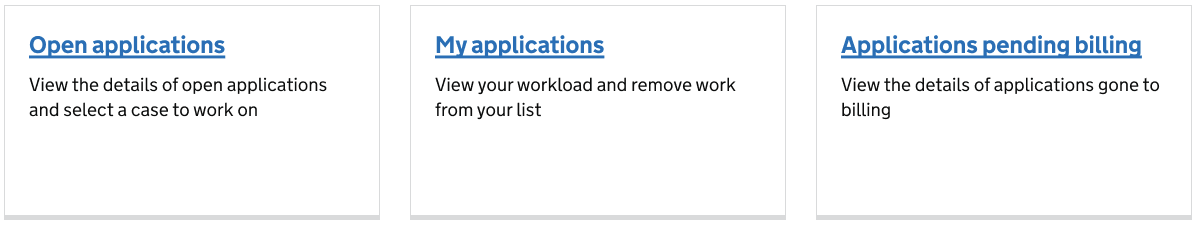 A row of three grey-bordered cards with white backgrounds. Each has a heading link and a description below in plain black body text of where the link goes.