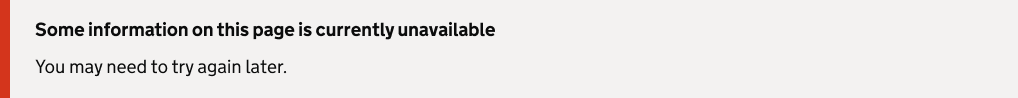 A banner with a red left hand border telling the user that some information on the page is missing due to an API error.