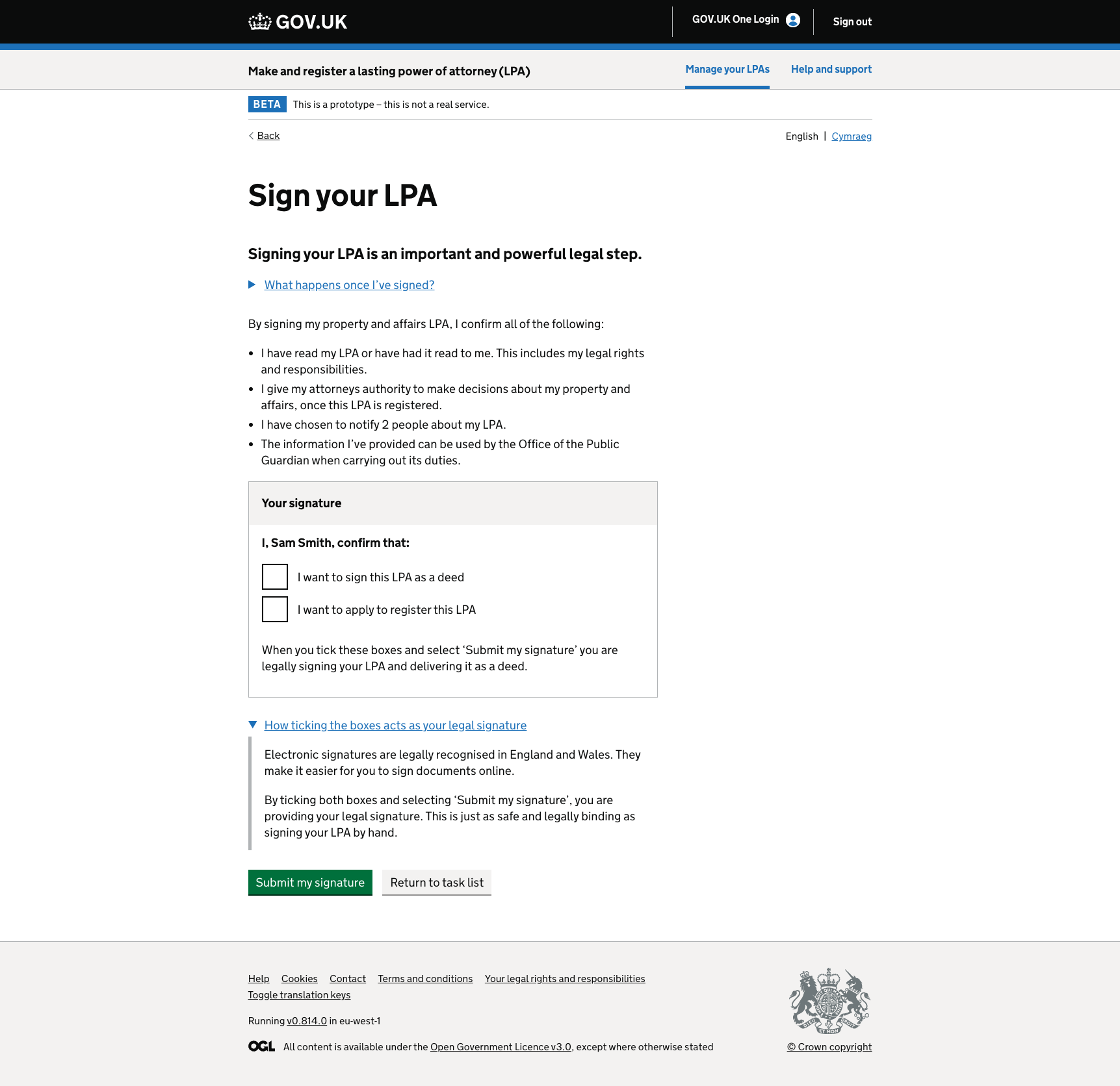 Screenshot of the “Sign your LPA” page in the “Make and register a lasting power of attorney (LPA)” service. The page explains that signing the LPA is a legal step and lists statements that the user agrees to. A section titled “Your signature” shows the user's name with 2 unticked checkboxes: “I want to sign this LPA as a deed” and “I want to apply to register this LPA.” Below is text explaining that ticking the boxes acts as a legal electronic signature. At the bottom are buttons labeled “Submit my signature” and “Return to task list.”