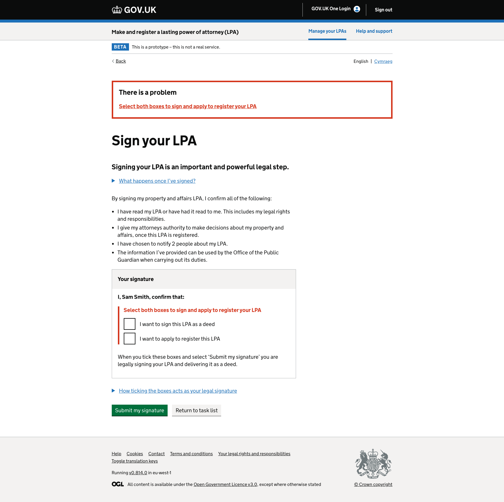 A screenshot shows a GOV.UK error message summary for the signature section. This is on the “Sign your LPA” page. The error message 