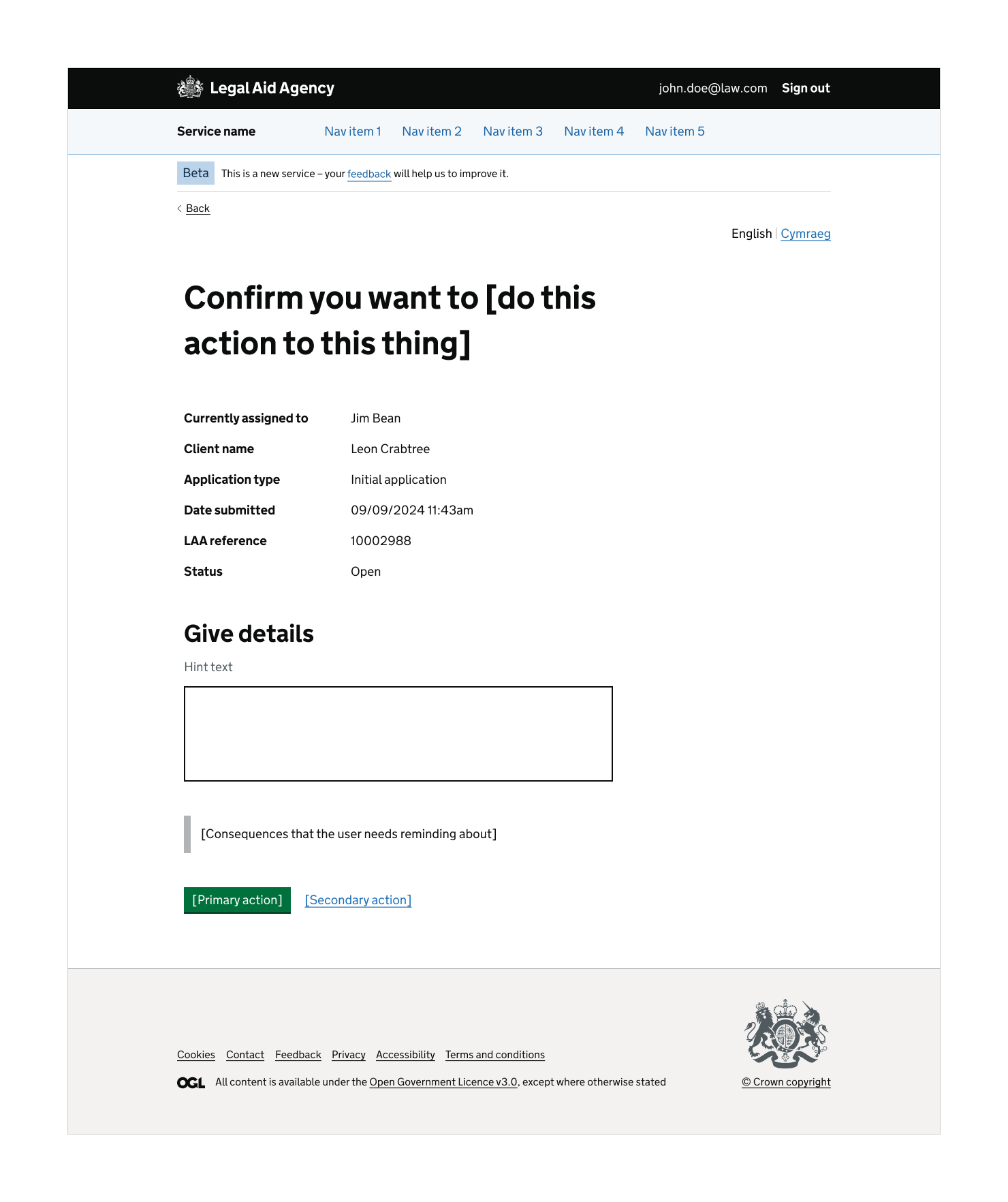 Screenshot of a Legal Aid Agency confirmation page asking the user to confirm an action. Key application details are displayed, followed by a text field where the user must provide details about the action and an inset text box containing important explanatory information