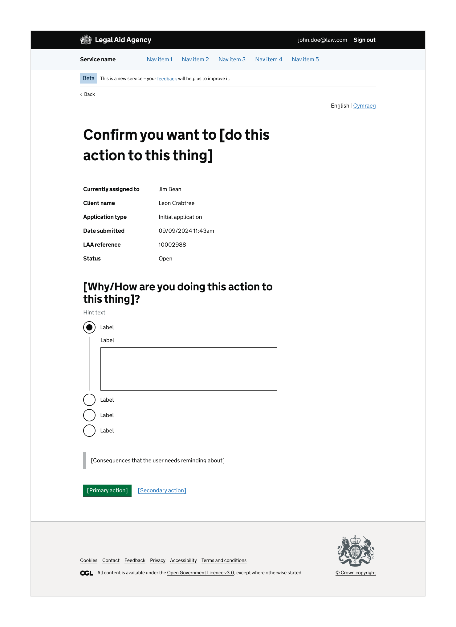 Screenshot of a Legal Aid Agency confirmation page asking the user to confirm an action. Key application details are displayed, followed by a set of radio button options and an inset text box containing important explanatory information