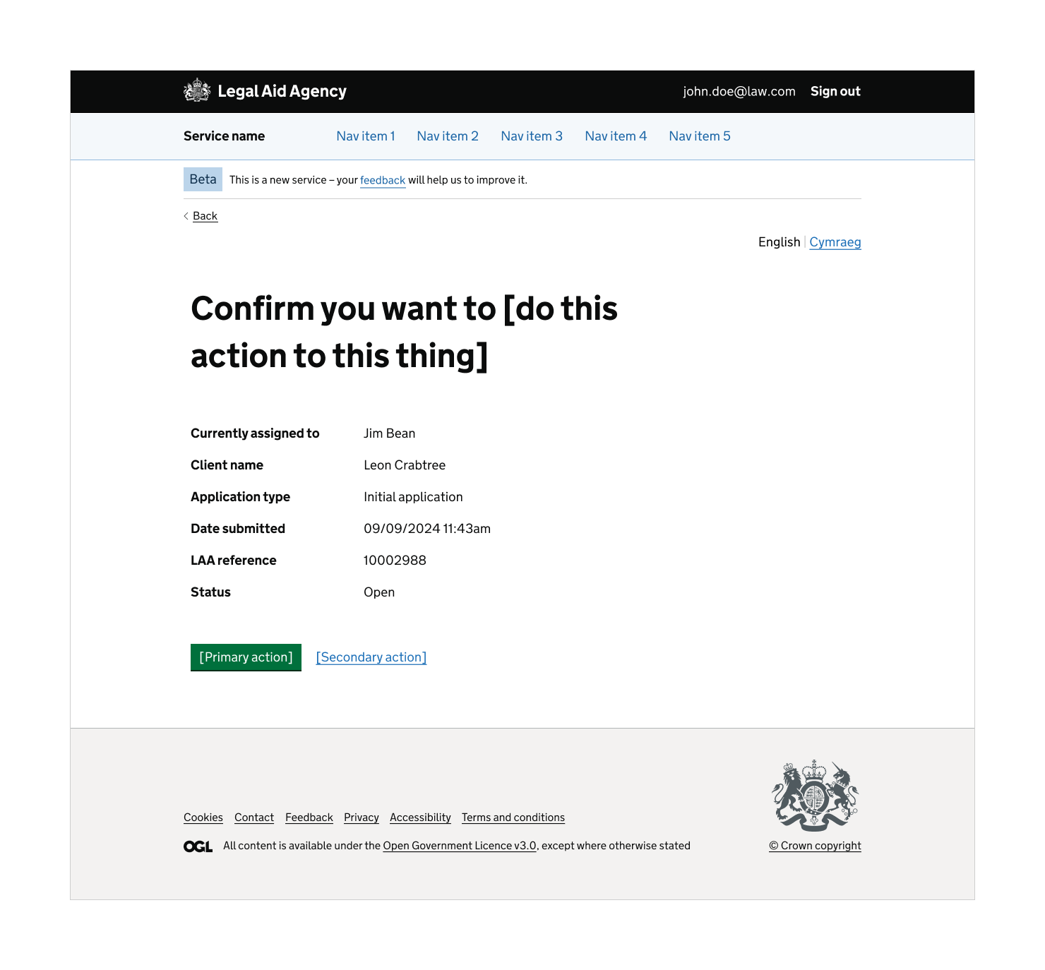 Screenshot of a Legal Aid Agency confirmation page asking the user to confirm an action. The page displays key application details, including assignee, client name, application type, submission date, reference number and status, before the user submits the action